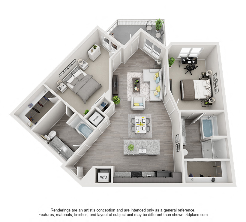 Floor plan for 2 beds, 2 baths, 1205 sqft